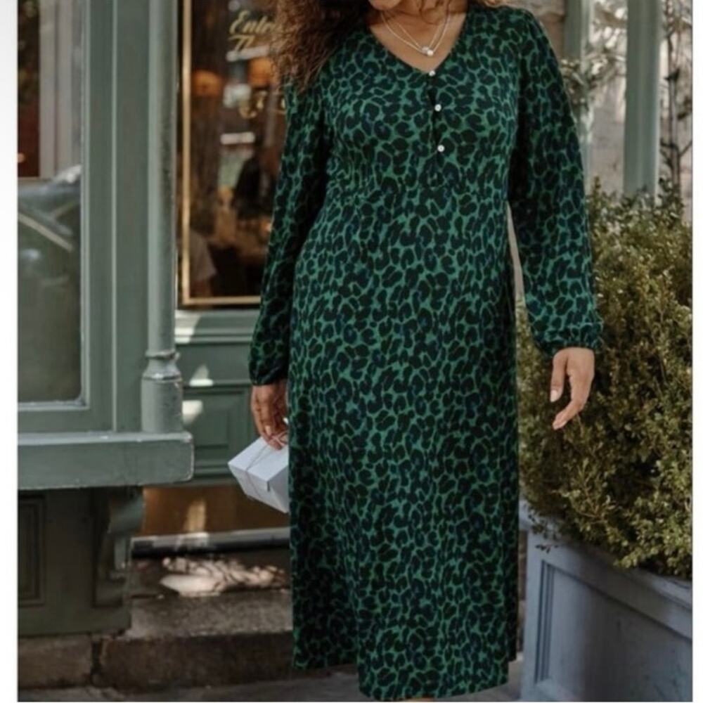 J. Jill Sz XL Leopard Print Lightweight Ponte Lnit V-neck Midi Dress Long Sleeve